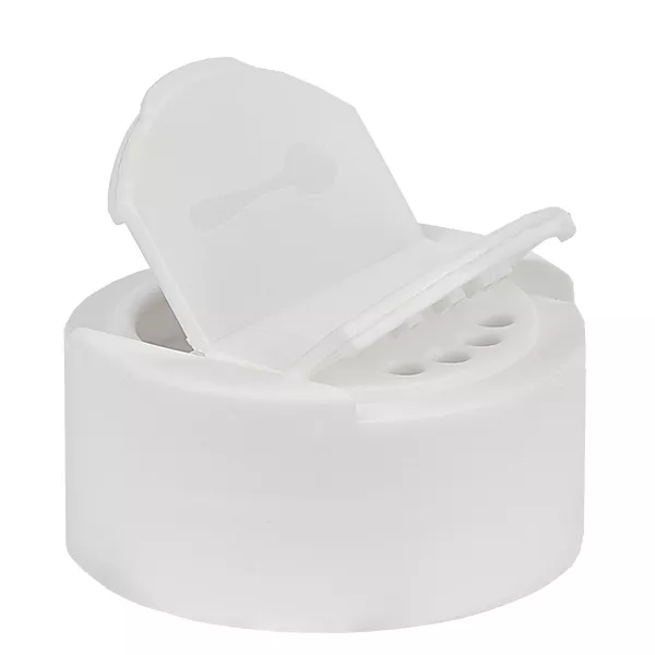 Bocal à sel/épices Couvercle avec double ouverture blanc - Dual : 4 trous ø3mm et 1 trou ø29mm. Filetage de 41mm. Charnière à charnière. EN PP.