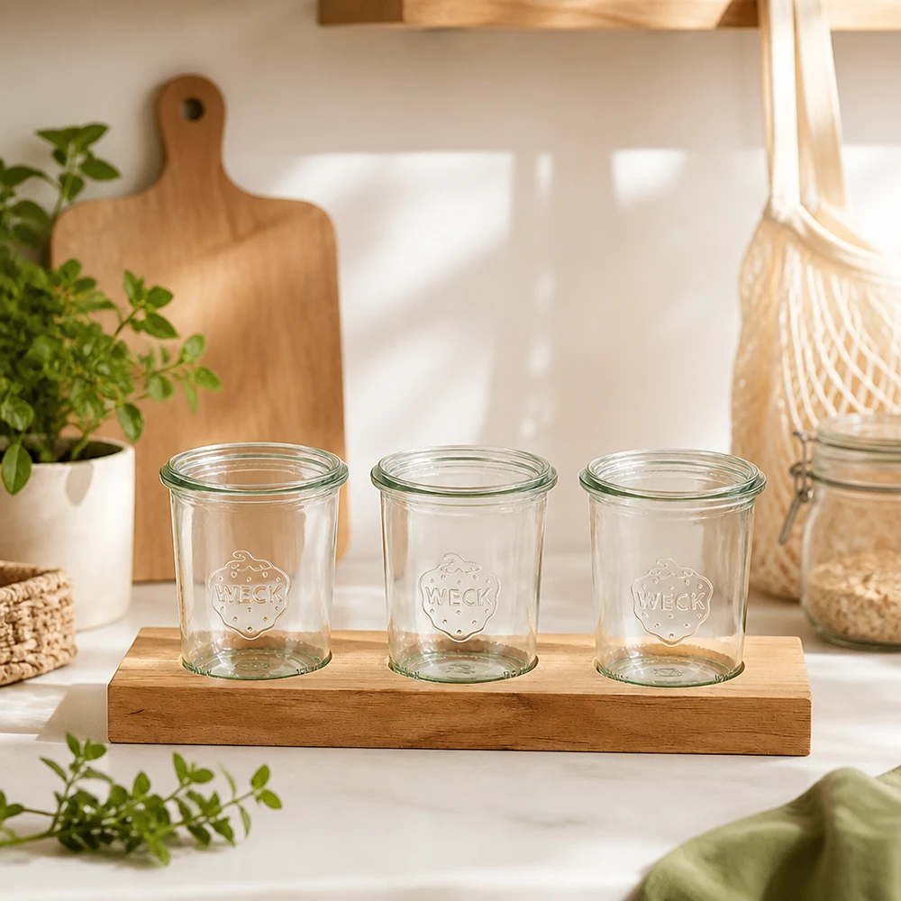 Plateau de service Plano3 avec 3 bocaux Weck de 160 ml Trois pots vides Weck 160ml sur planche à servir en bambou Plano3 dans une cuisine scandinave avec plantes