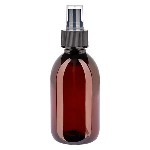 Flacon médical de 250 ml en PET, avec spray noir GCMI 28/410 et capuchon transparent standard