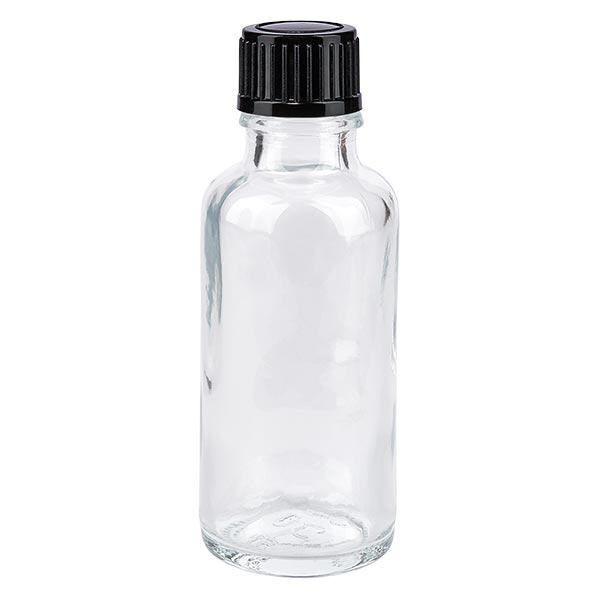 Flacon à pharmacie transparent 30ml bouchon compte-gouttes 1mm noir std Flacon à pharmacie transparent 30ml bouchon compte-gouttes 1mm noir std