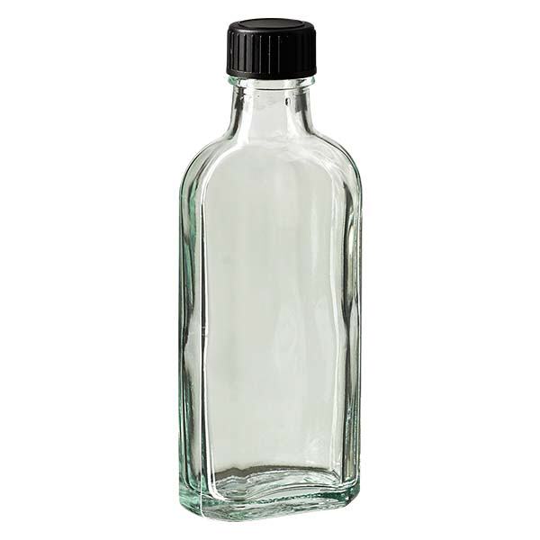 Flasque transparente de 100 ml au goulot DIN 22, avec bouchon à vis DIN 22 noir et joint PEE Flasque transparente de 100 ml au goulot DIN 22, avec bouchon à vis DIN 22 noir et joint PEE