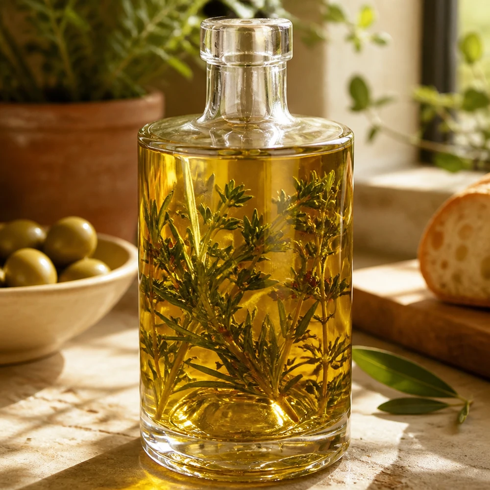 Bouteille en verre 350 ml « Marie » sans bouchon UNiTWIST® Bouteille en verre Marie de 350 ml remplie d'huile aux herbes Branches de romarin décoratives Exemple d'utilisation cuisine Image 2 sur 10