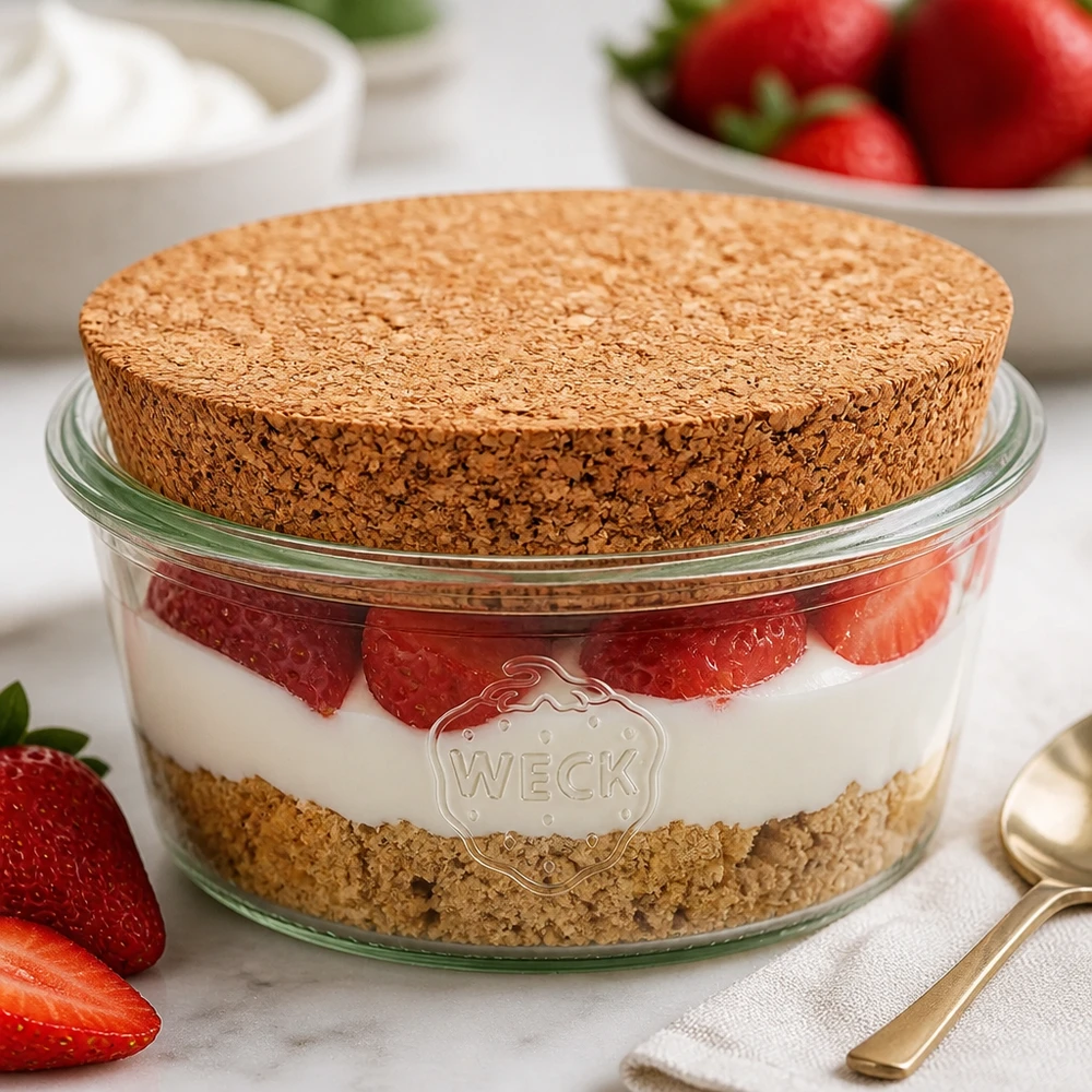 WECK Verre renversé 290ml RR100 avec bouchon naturel comme verre à dessert stratifié pour tiramisu rempli de fraises