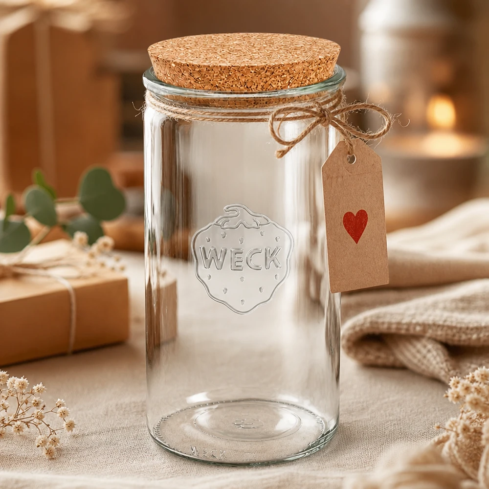 WECK Pot de conservation 1590ml RR100 avec couvercle en liège et étiquette cadeau arrangé de manière décorative avec des textiles et des fleurs
