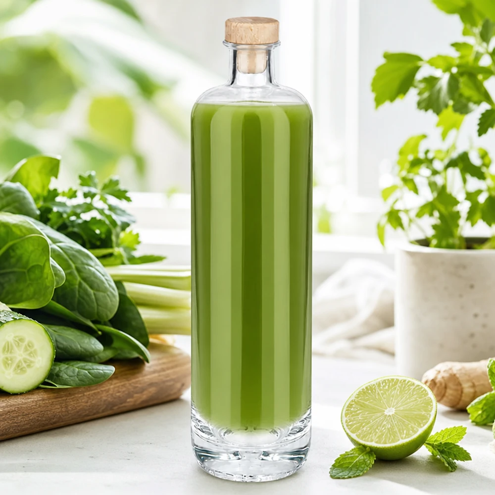 Bouteille en verre 700 ml « Ella » avec bouchon en bois UNiTWIST® Bouteille en verre Ella de 700 ml remplie de smoothie vert avec bouchon en bois entre des concombres frais, des citrons verts et des herbes.
