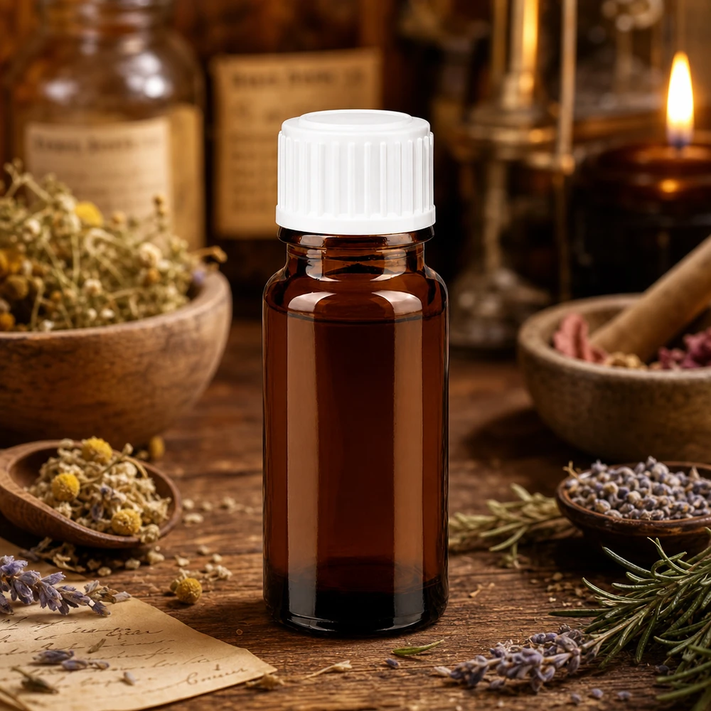 Flacon de pharmacie brun 10ml bouchon vissable blanc standart Flacon en verre ambré de 10 ml, protégé de la lumière, muni d'un bouchon blanc et entouré de plantes médicinales et de lavande