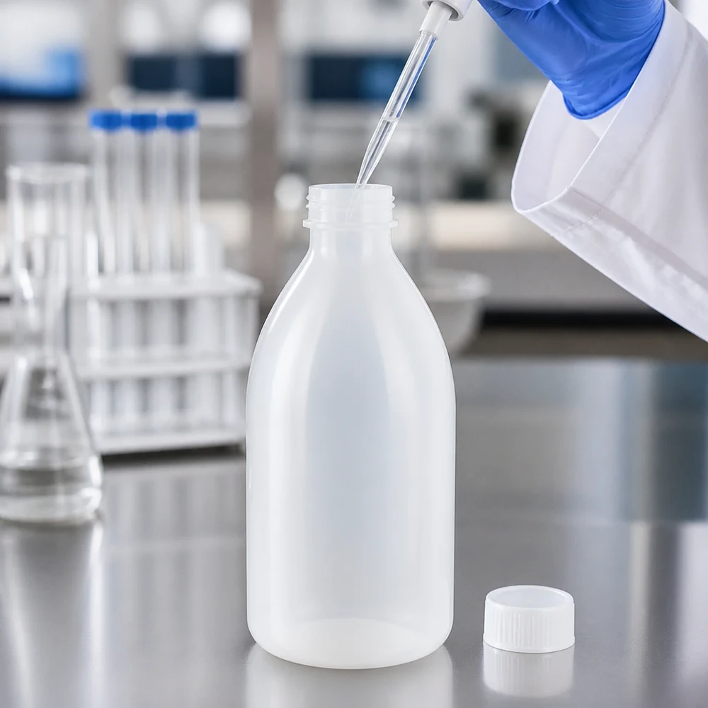 Flacon 1000 ml à col étroit, avec bouchon Schraubflasche 1000ml mit geöffnetem Deckel wird mit Laborflüssigkeit befüllt