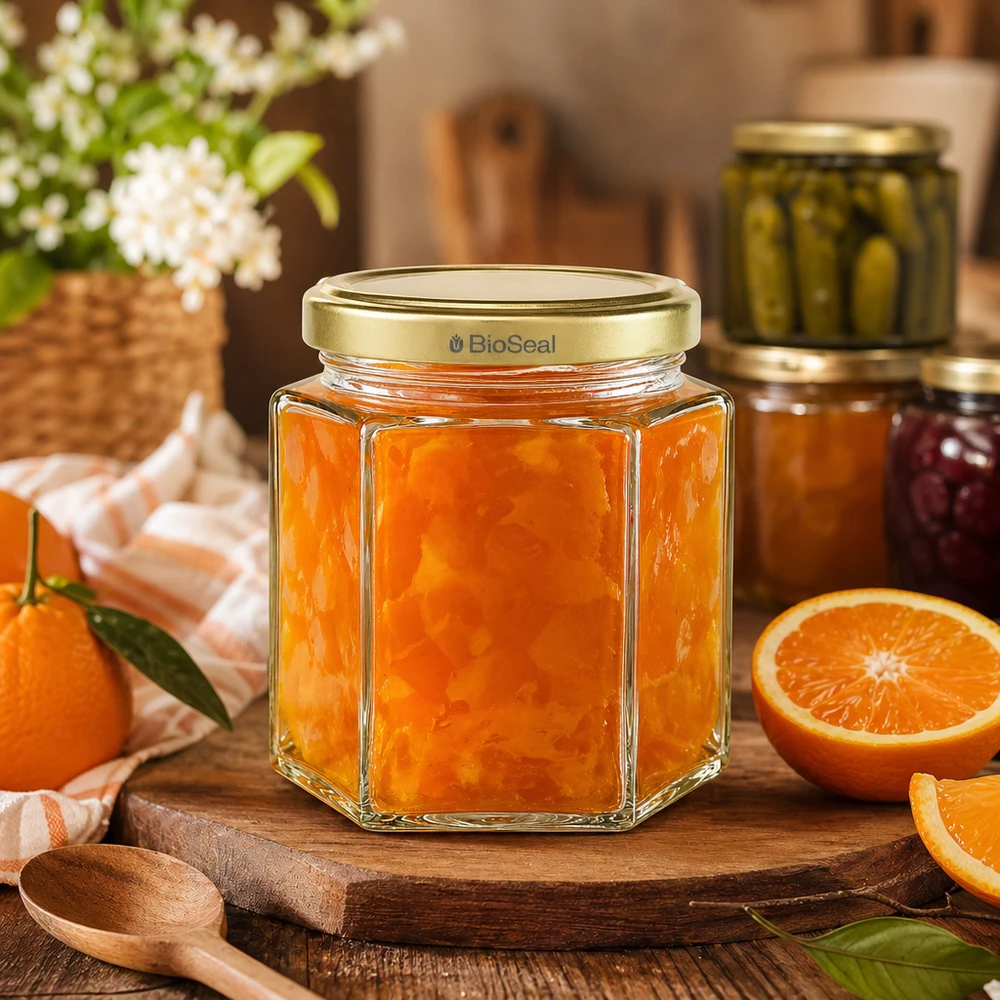 BioSeal 520g pot de miel hexagonal avec confiture d'orange sur planche en bois entouré d'oranges fraîches et de décoration de cuisine