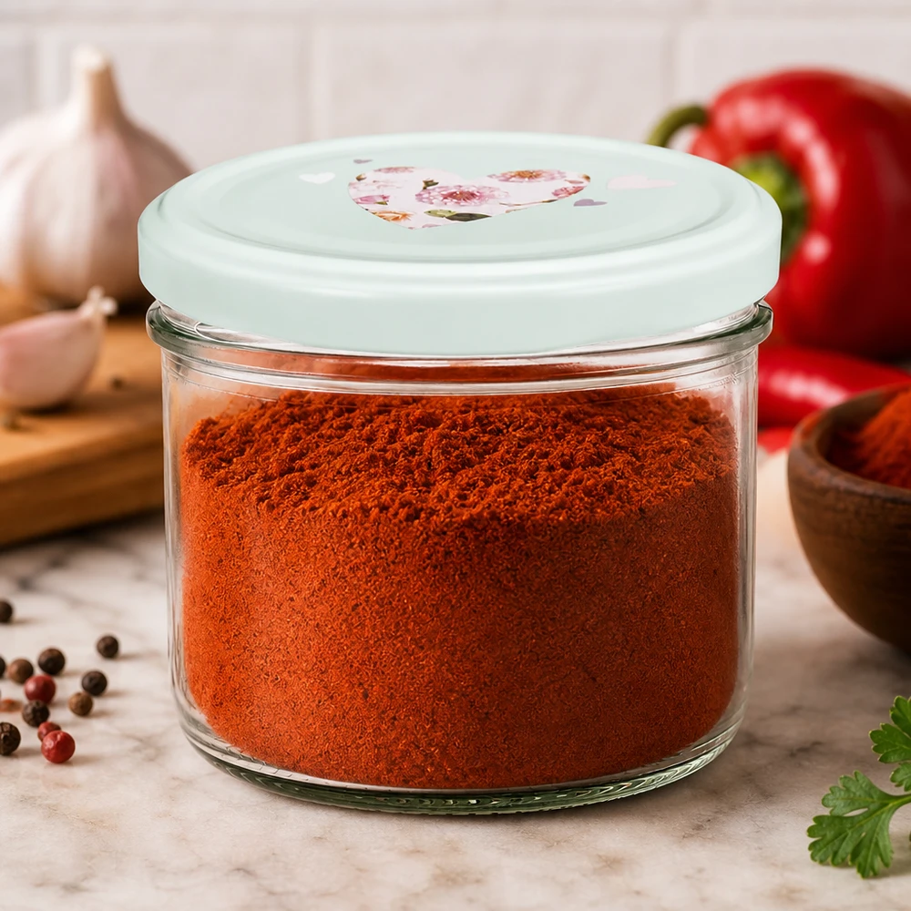 Pot cylindrique de 230 ml + couvercle BasicSeal cur menthe 230ml Zylinderglas mit mint BasicSeal Deckel gefüllt mit Paprikapulver, ideal für Gewürzaufbewahrung in der Küche