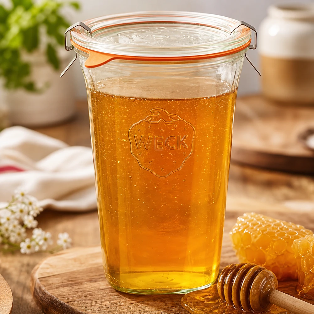 WECK Quadroglas 795ml RR100 mit Honig befüllt zeigt vielseitige Verwendung für süße Vorräte und Naturprodukte