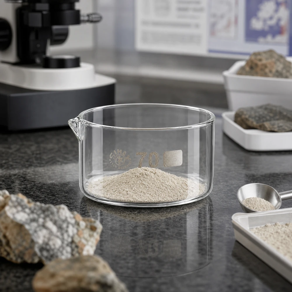 Coupelle de cristallisation 100 ml avec bec verseur Coupelle Simax plate de 70 mm de diamètre recouverte d'une poudre couleur sable, avec un microscope en arrière-plan