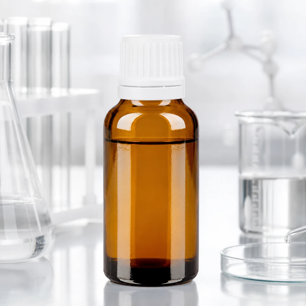 Petit flacon compte-gouttes marron de 20 ml avec bouchon OV blanc, destiné à la pharmacie et à la médecine