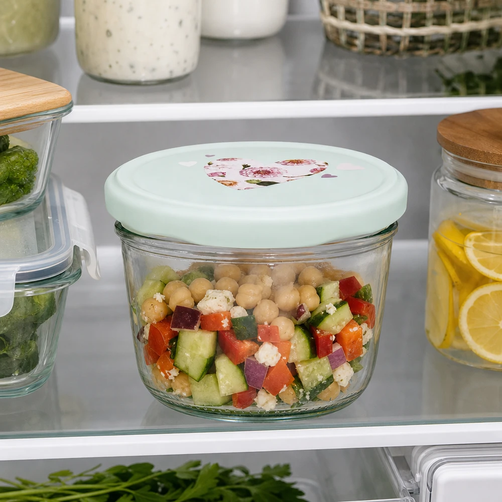 Verres de 230 ml + couvercle BasicSeal cur menthe UNiTWIST 230ml Sturzglas mit Herz-Deckel mint im Kühlschrank, Salat mit Kichererbsen frisch gelagert, praktische Meal-Prep