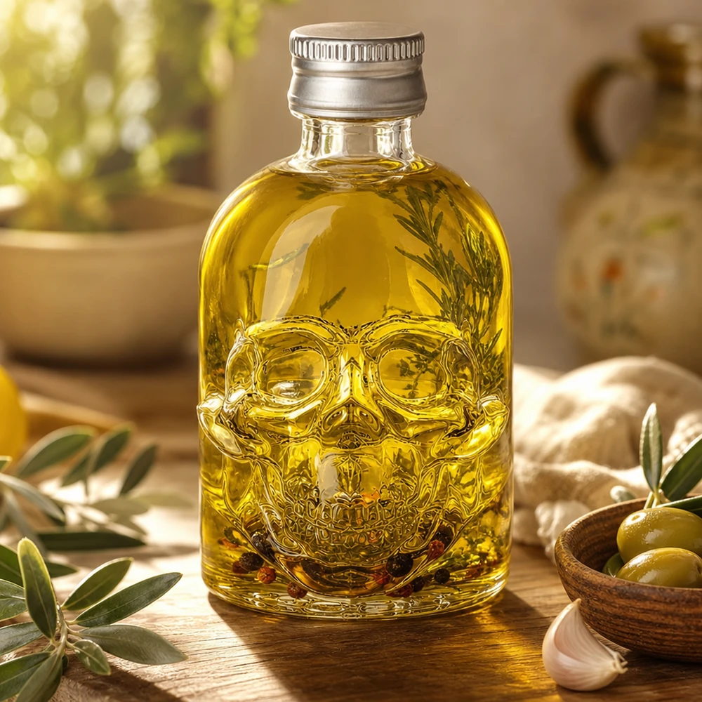 Bouteille en verre Hector de 50 ml remplie d'huile d'olive et d'herbes aromatiques à côté des olives et de l'ail dans la cuisine méditerranéenne