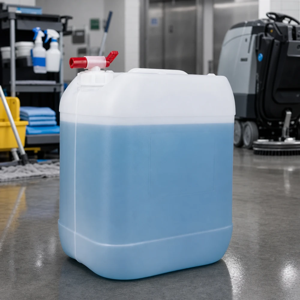 Grand bidon en plastique de 20 litres contenant un liquide de nettoyage, destiné à un environnement de nettoyage professionnel