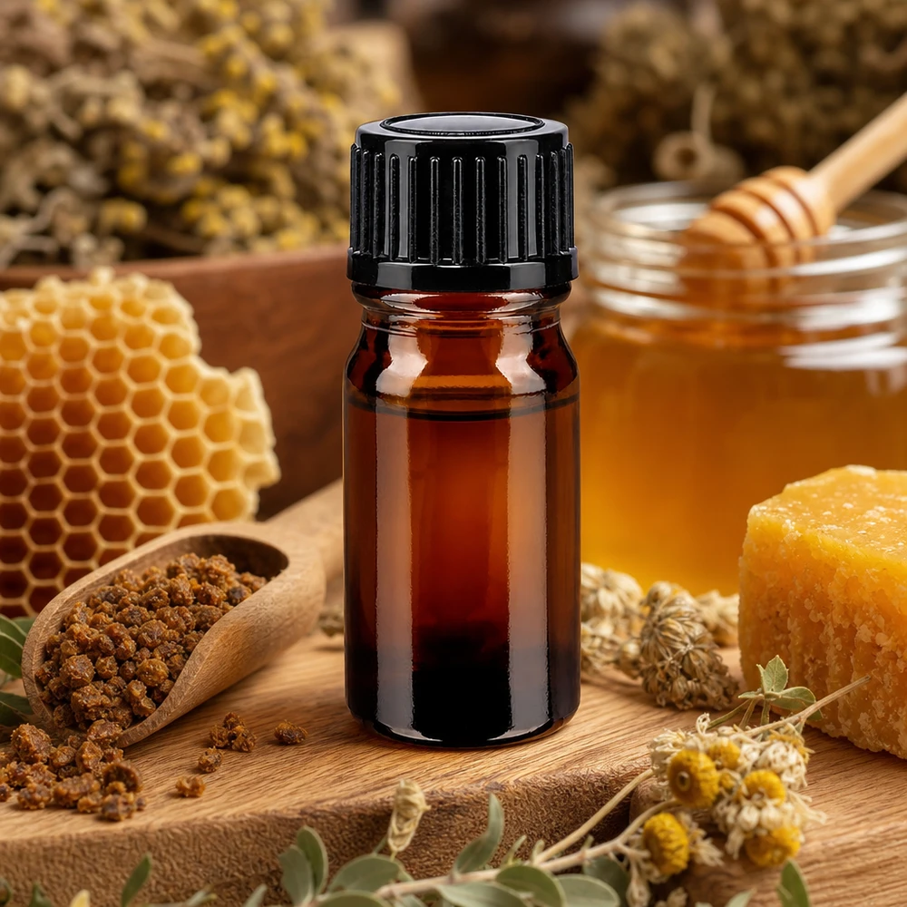 Flacon de pharmacie brun 5ml bouchon vissable noir standard Petit flacon de pharmacie marron de 5 ml, muni d'un bouchon noir, contenant du miel à la propolis et des herbes