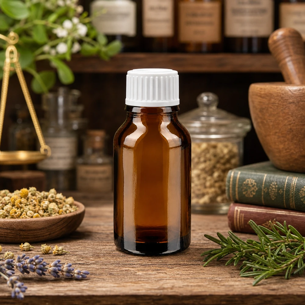 Petite bouteille en verre brun de 15 ml avec un bouchon à vis, posée à côté d'un mortier et d'un pilon dans une pharmacie