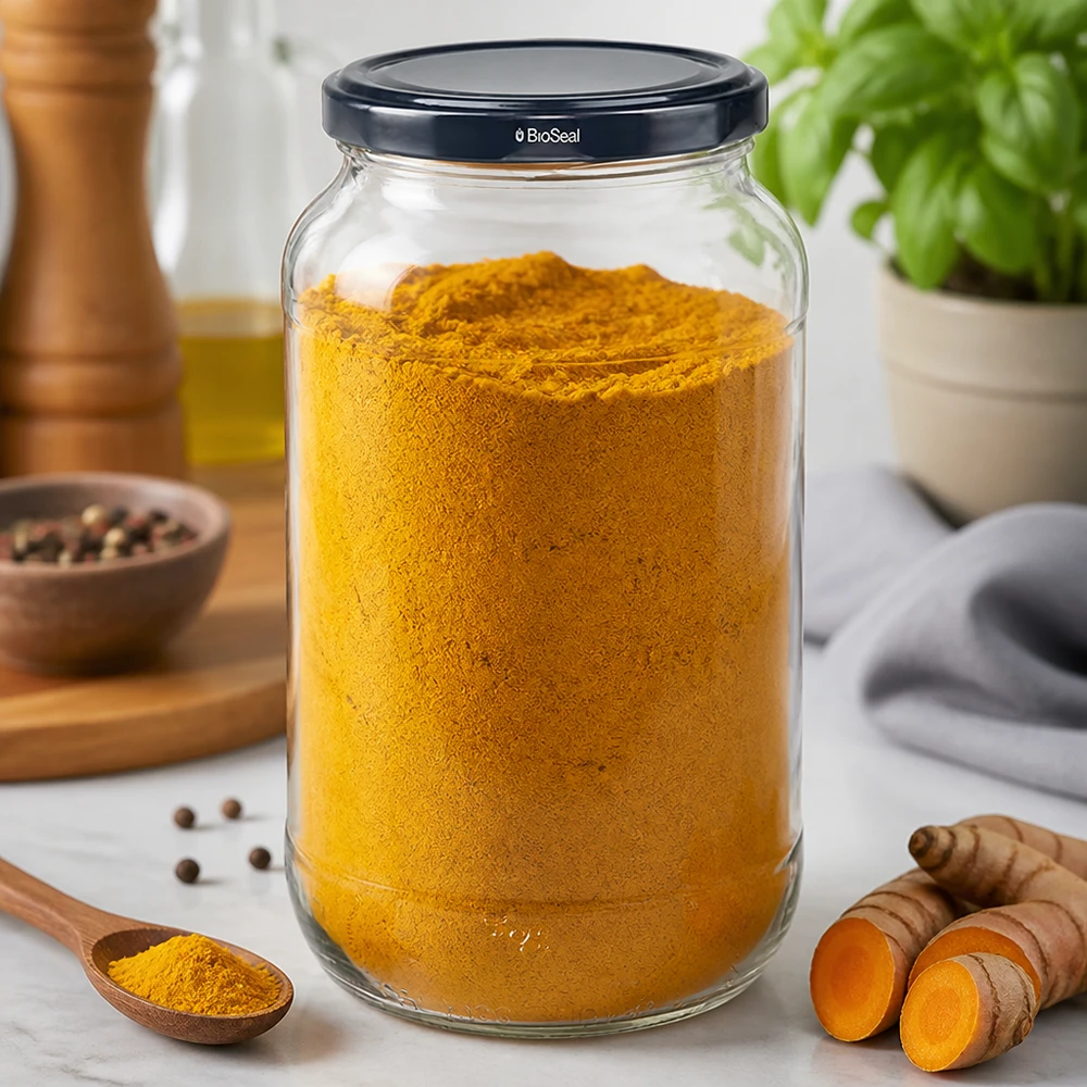 1062ml Verre rond avec couvercle BioSeal noir UNiTWIST UNiTWIST Bocal rond 1062 rempli de poudre de curcuma Couvercle noir TO82 BioSeal Conservation des épices Récipient de stockage