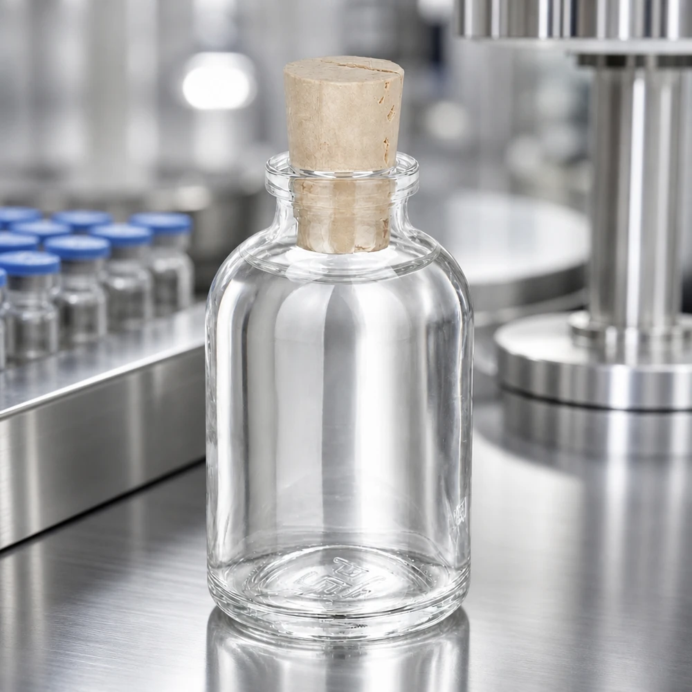 Flacon en verre clair 50 ml avec bouchon de liège 11/14 mm Leere Glasflasche mit breitem Korkverschluss auf glänzender Edelstahlarbeitsplatte im Reinraum