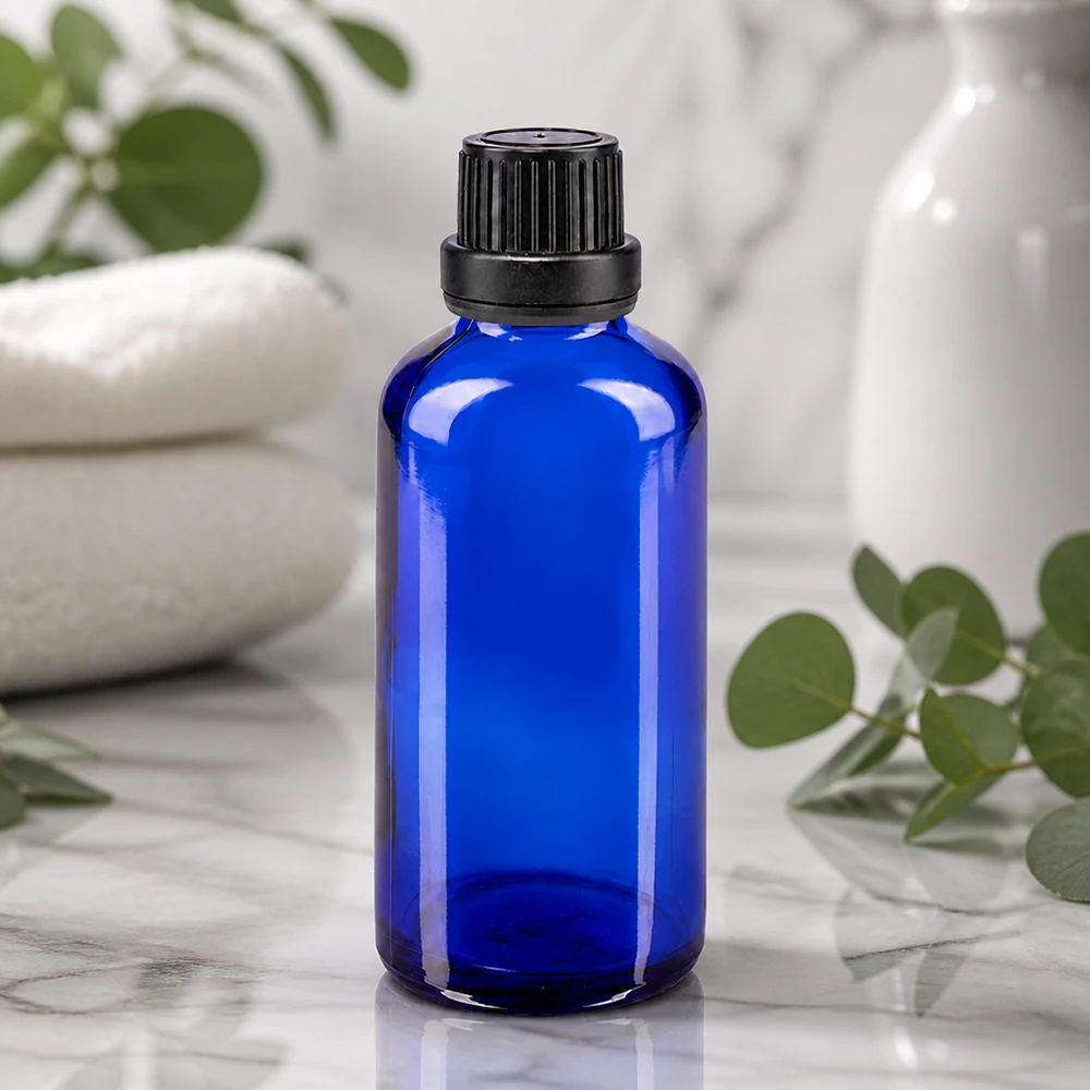 Flacon de pharmacie bleu 50ml bouchon vissable noir bouchon inviolabilité Un flacon de pharmacie bleu cobalt de 50 ml, à côté d'un eucalyptus et de serviettes blanches pliées