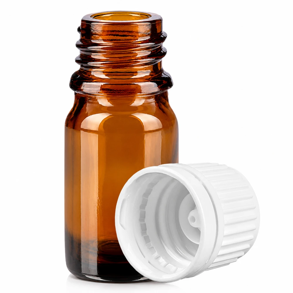 Flacon 5ml 11mm SV blanc OV BrownLine UT18/5 Flacon de pharmacie ambre de 5ml avec sécurité enfant et bouchon blanc pour une conservation en toute sécurité