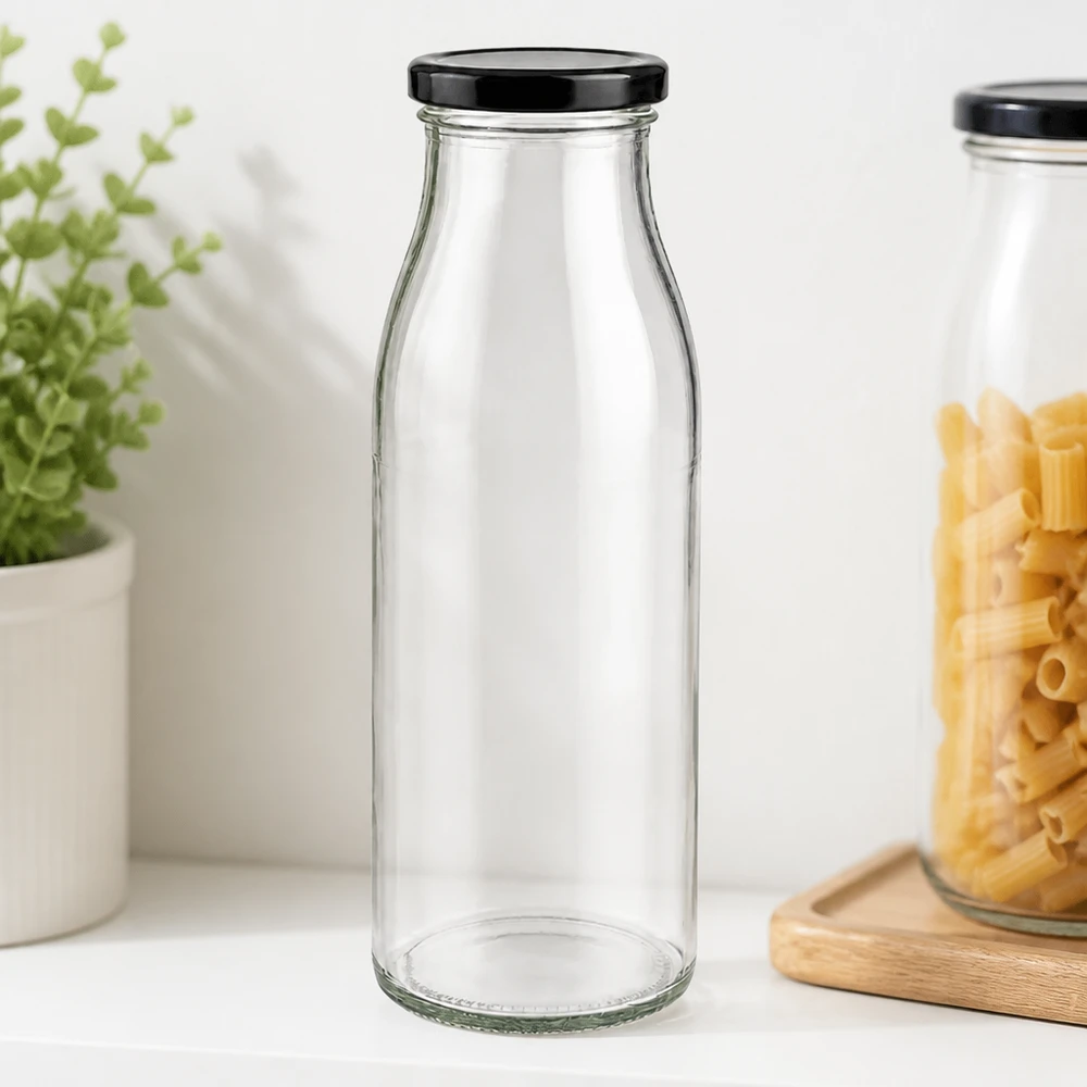 Bouteille en verre transparent de 500ml vide avec couvercle noir BasicSeal dans un décor de cuisine stylé avec des pâtes et des herbes aromatiques