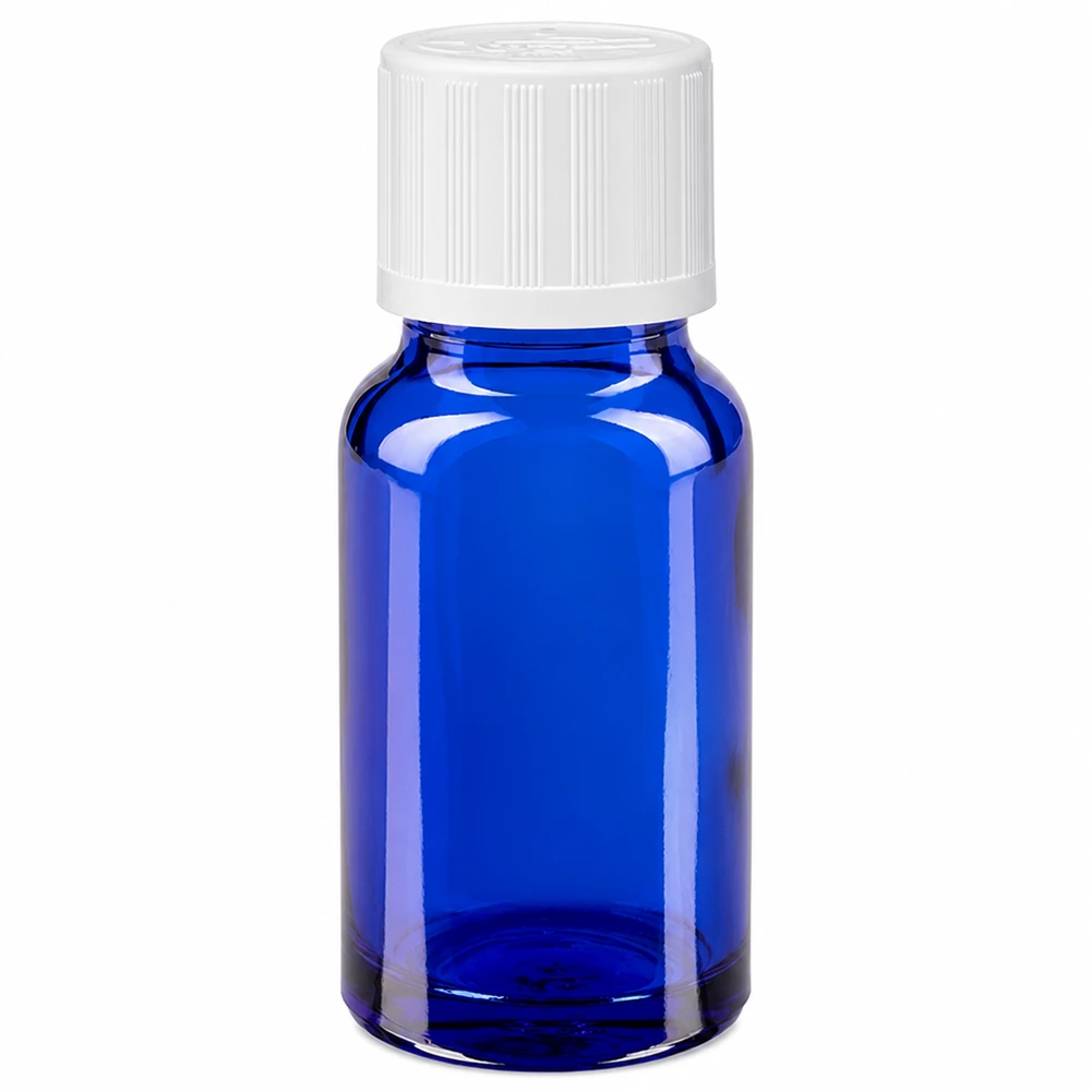 Flacon à usage pharmaceutique bleu 10ml bouchon compte-gouttes blanc séc. enf. 0.8mm Petite bouteille en verre bleue de 10 ml avec bouchon KiSi blanc pour les gouttes et les huiles essentielles