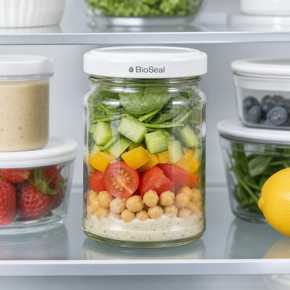 UNiTWIST Runda205 avec couvercle TO58 BioSeal comme bocal Meal-Prep au réfrigérateur rempli de salade et de pois chiches