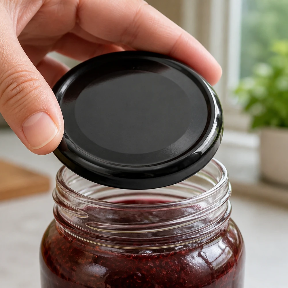 Une main pose un couvercle noir TO43 BasicSeal de 43 mm sur un bocal rempli de confiture de framboises