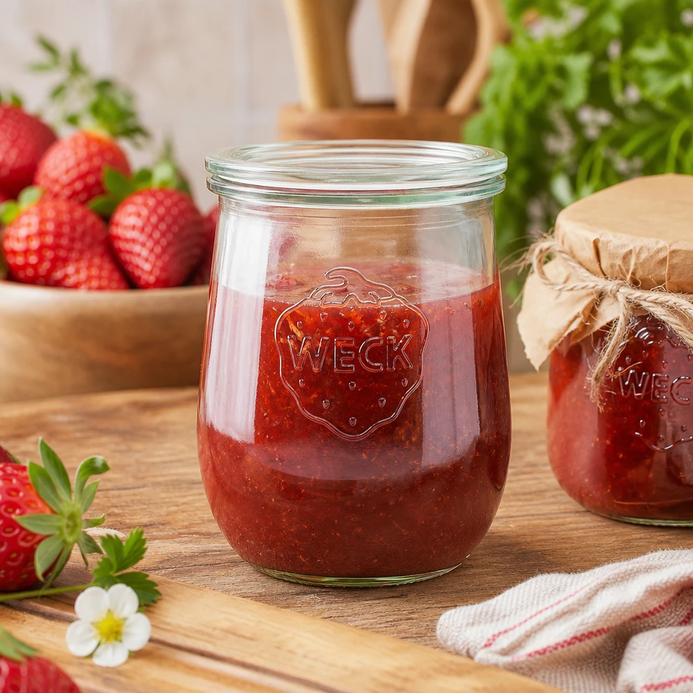 WECK Pot de conserve 1062ml rempli de confiture de fraises sur une planche en bois à côté de fraises fraîches et d'un torchon de cuisine