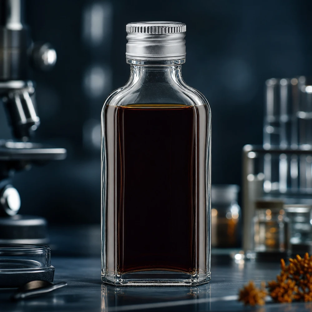 Flacon rectangulaire Meplat en verre transparent de 50 ml avec bouchon en aluminium PP22, à côté d'un microscope et de tubes à essai