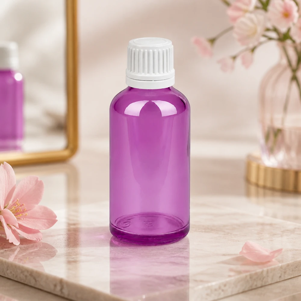 Flacon 50ml bouchon à vis 11mm blanc Originalité Bouchon à vis PurpleLine UT18/50 Bouteille Premium 50ml en verre violet avec bouchon SV blanc pour l'aromathérapie et le bien-être