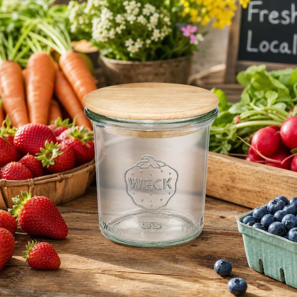 WECK Pot renversé 140ml RR60 avec couvercle en bois présenté parmi des fruits et légumes frais sur un stand de marché avec des fraises