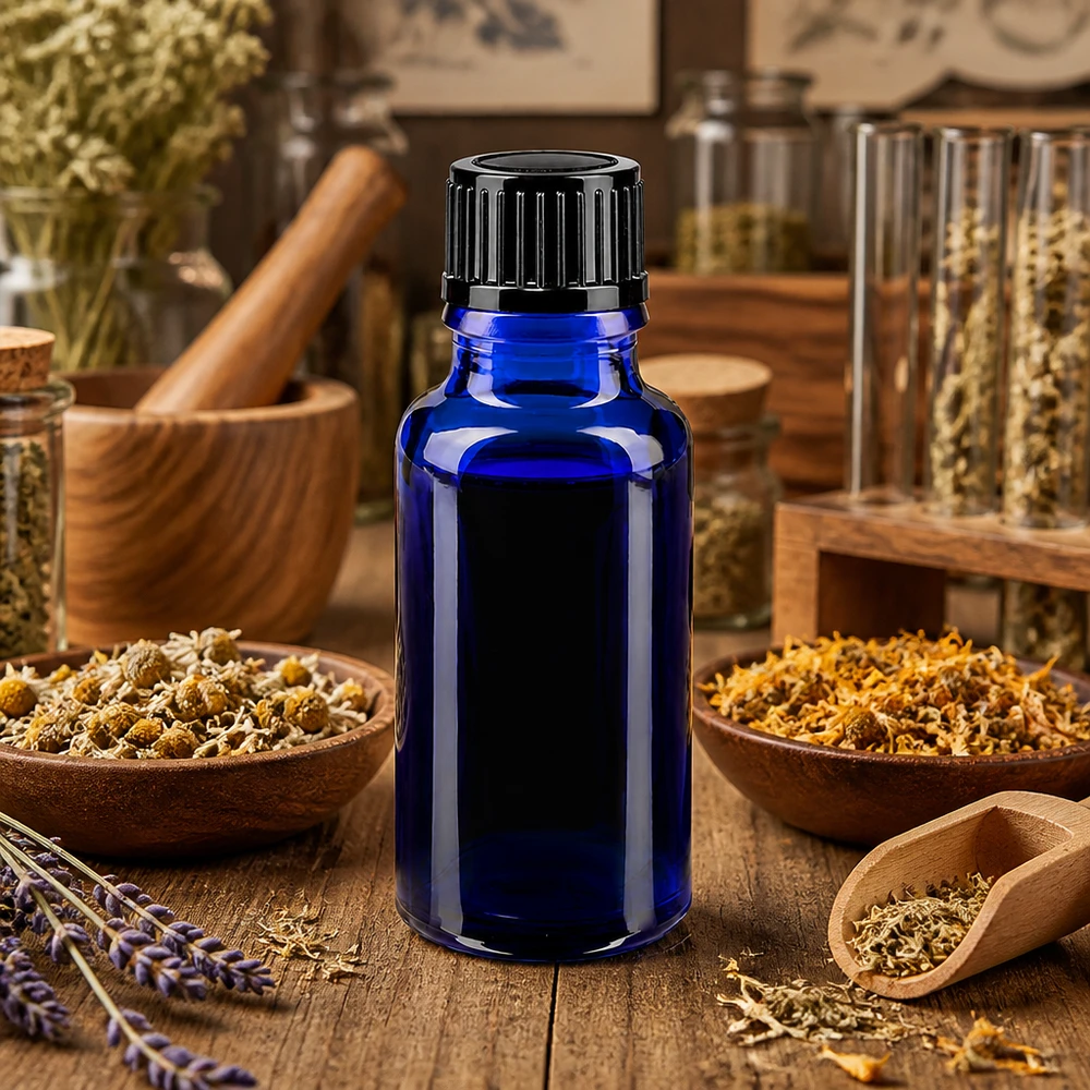 Flacon en verre bleu de 20 ml « ApoGlas » pour huiles essentielles, orné d'une décoration à base de plantes, posé sur une table en bois