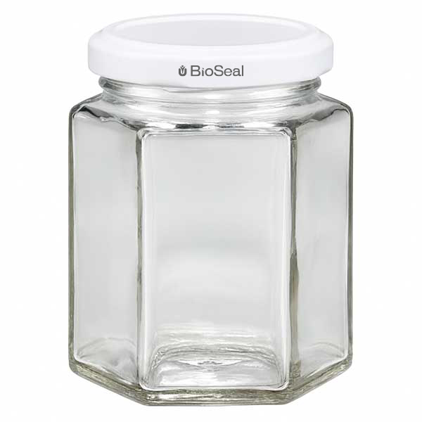 196ml Verre hexagonal avec couvercle BioSeal blanc UNiTWIST