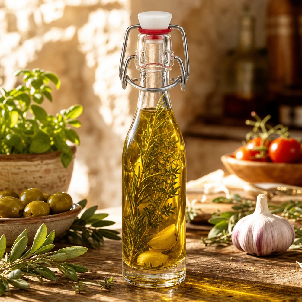 Bouteille en verre de 50 ml + bouchon mécanique PVC UNiTWIST Bouteille en verre de 50 ml avec fermeture à étrier remplie d'huile d'herbes aromatiques à côté d'olives, d'ail et d'herbes fraîches