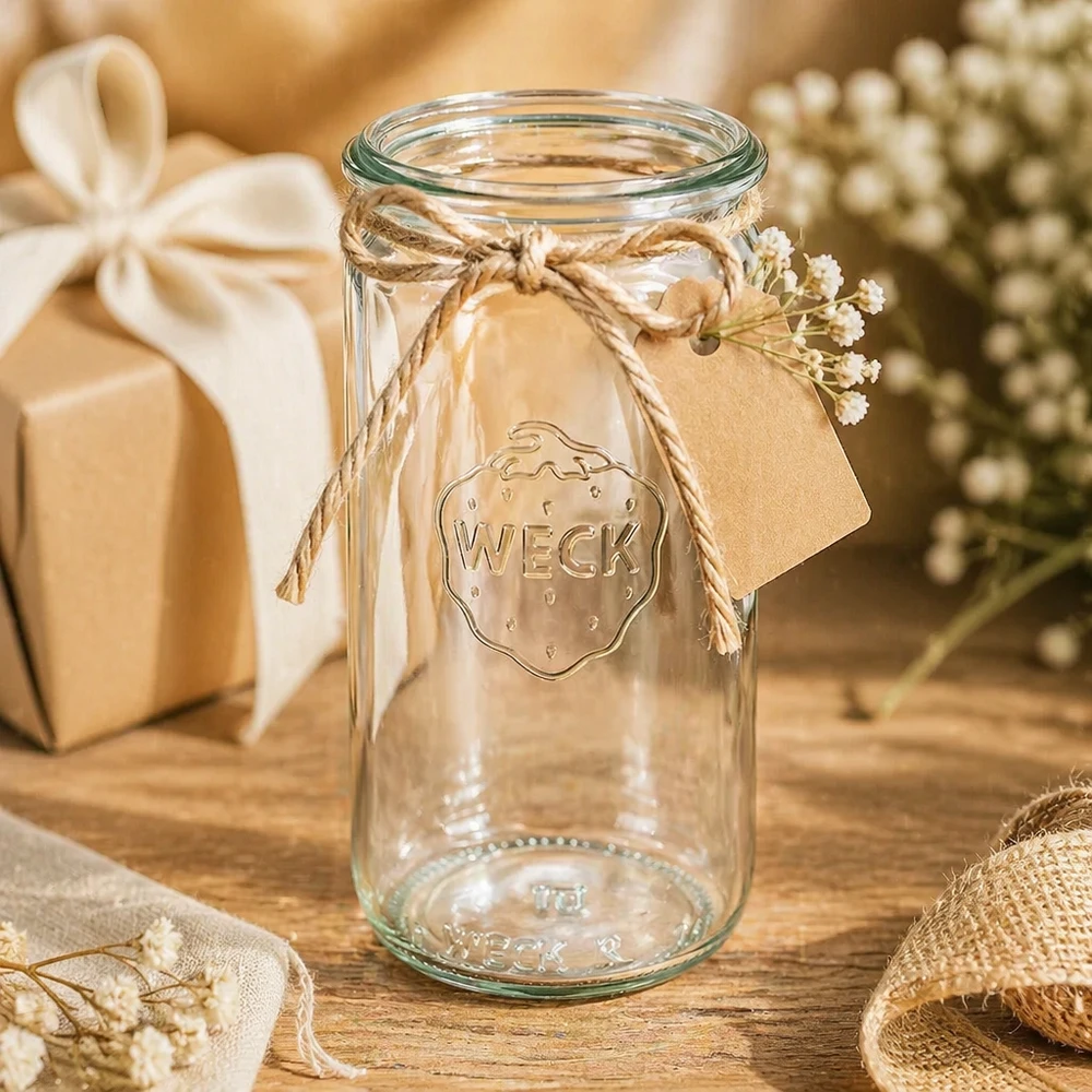 Bocal cylindrique en verre WECK RR60 de 340 ml WECK Verre cylindrique 340ml RR60 comme cadeau décoré avec une corde de jute et un pendentif dans une scène décorative rustique