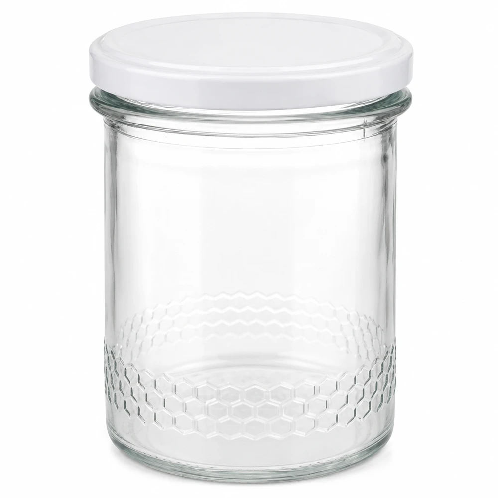 Pot à miel de 400ml avec couvercle blanc BasicSeal Système UNiTWIST verre transparent avec motif en nid d'abeille sur le fond