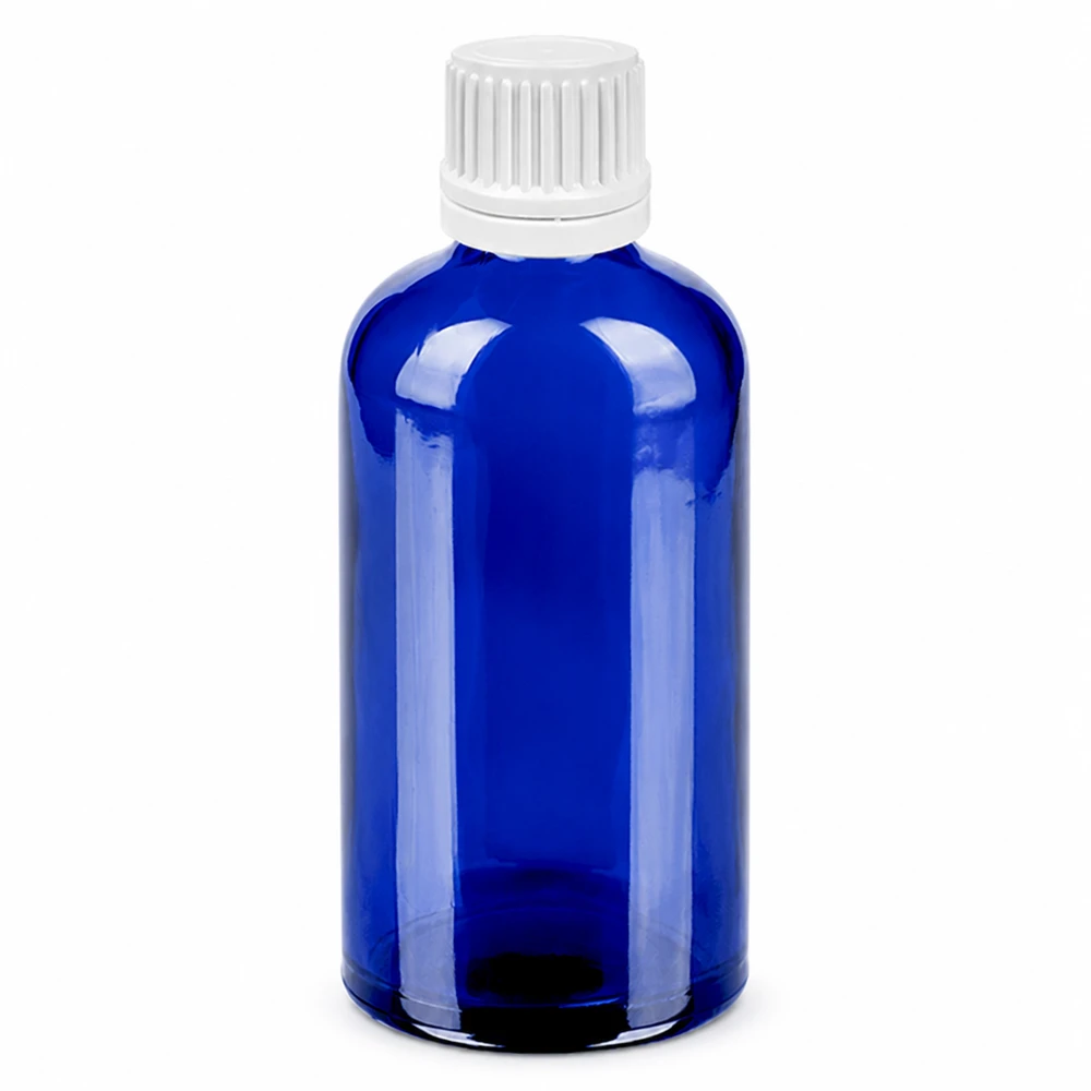 100ml flacon compte-gouttes 0.7mm blanc OV BlueLine UT18/100 Flacon en verre bleu de 100 ml avec bouchon compte-gouttes blanc et ouverture de 0,7 mm pour un dosage précis