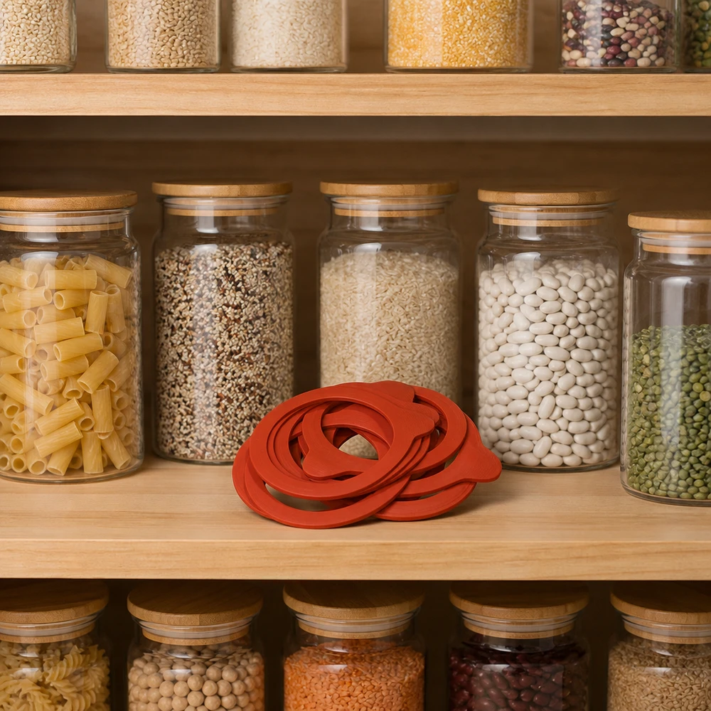 Anneau de mise en conserve en caoutchouc naturel RR60 Anneau de mise en conserve RR60 Caoutchouc naturel orange dans la cuisine de réserve avec des bocaux remplis de légumes secs, de céréales et de pâtes.