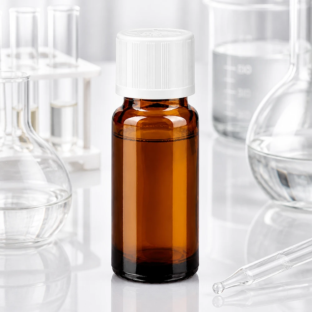 Petit flacon de pharmacie en verre ambré avec un bouchon en KiSi et des pipettes, posé sur une paillasse blanche de laboratoire
