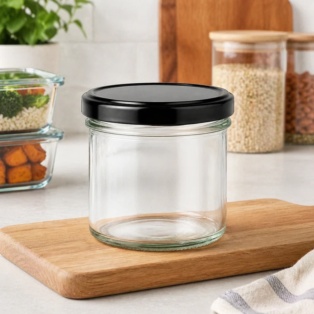 Bocal en verre de 125ml avec couvercle noir BasicSeal vide sur planche en bois Environnement cuisine Récipient de stockage Bocal de conservation