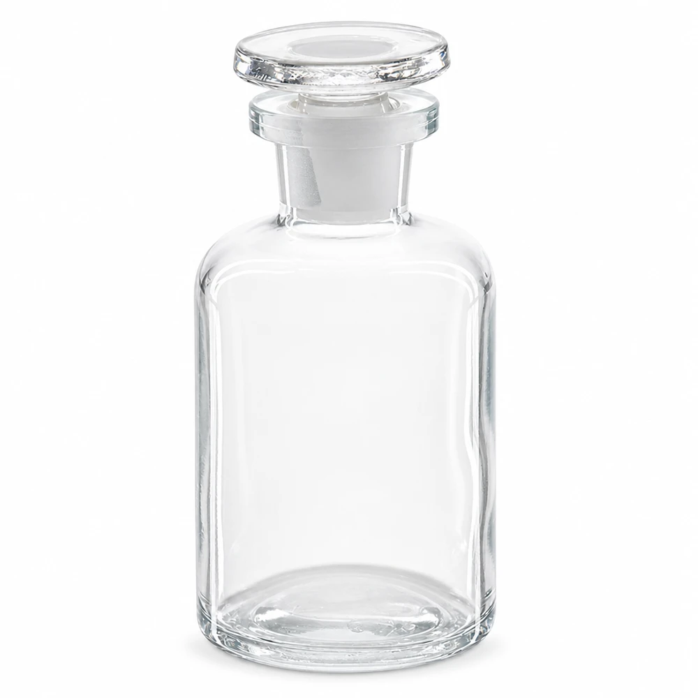 Flacon pharmaceutique 50 ml col étroit en verre clair + bouchon Flacon transparent à épaulement arrondi, 50 ml, col étroit, avec bouchon rond en verre, verre transparent