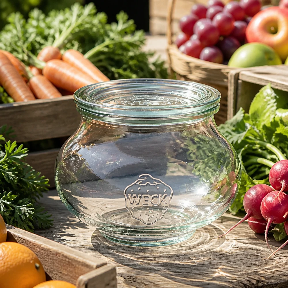 WECK Pot à bijoux 560ml RR80 avec couvercle en verre transparent entre légumes frais carottes radis et fruits