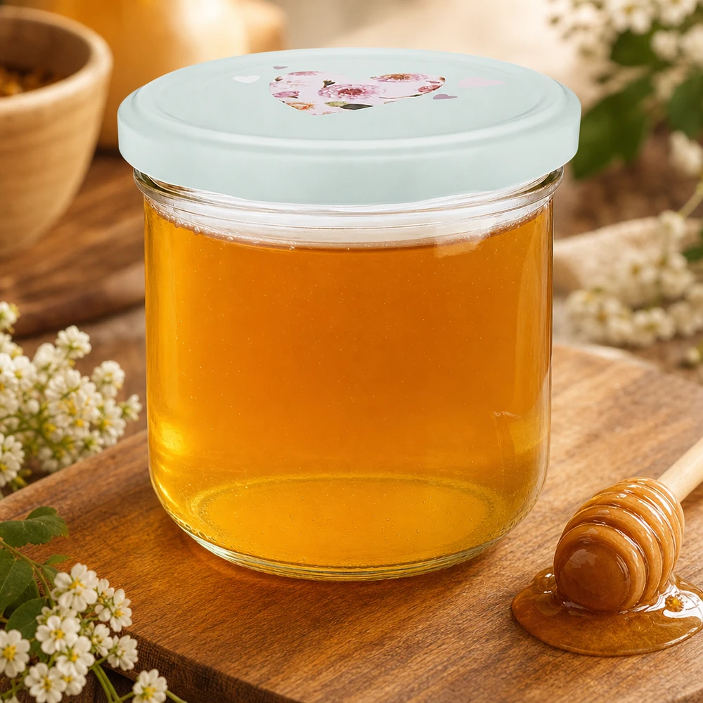 Pot renversé de 260 ml rempli de miel, couvercle BasicSeal vert menthe avec motif de cœur, cuillère à miel et fleurs en guise de décoration