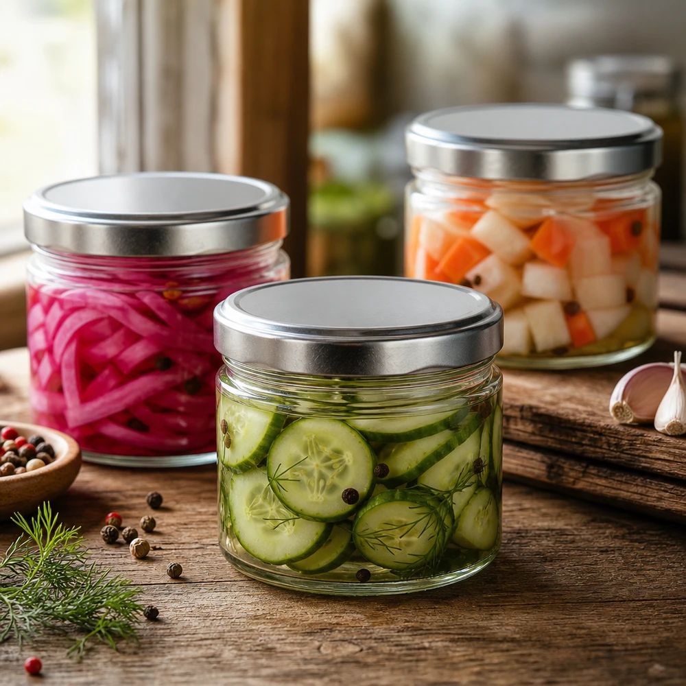 Pots ronds de 540ml avec couvercles argentés pour conserver les légumes, les concombres et les oignons.