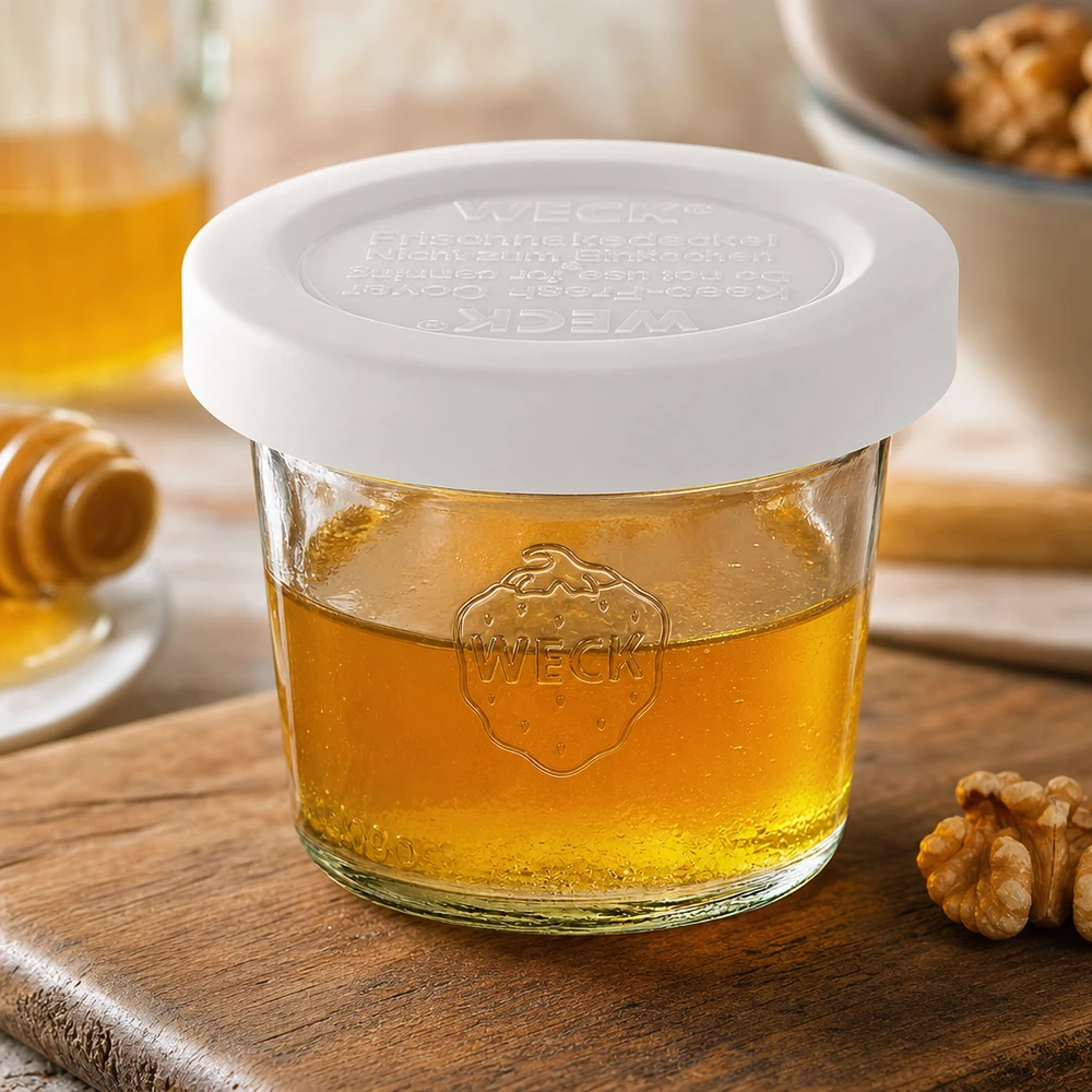 35ml bocal conique avec couvercle fraîcheur WECK RR40 WECK Pot renversé 35ml RR40 rempli de miel avec couvercle blanc, décoré de noix sur fond en bois
