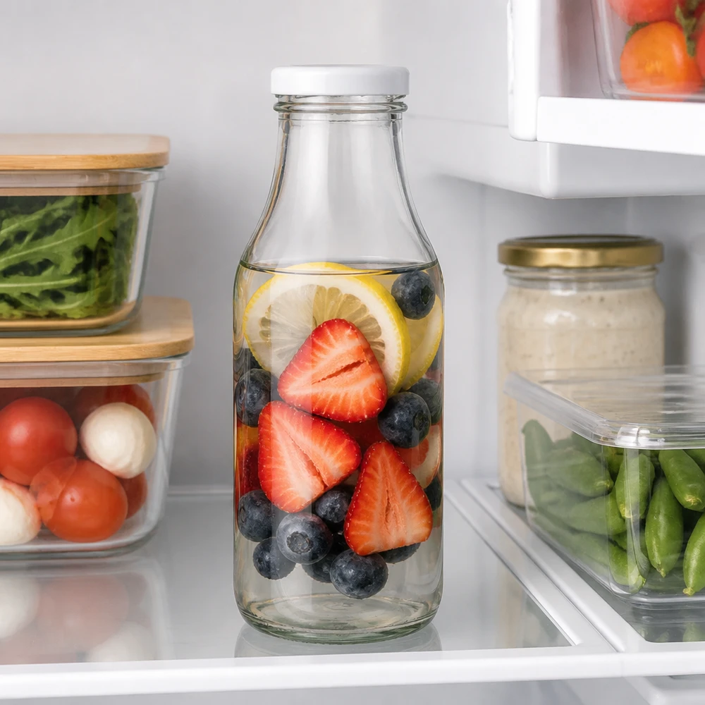 Bouteille en verre de 330 ml + couvercle BasicSeal blanc UNiTWIST Bouteille en verre UNiTWIST de 330 ml contenant des fruits frais pour préparer de l'eau infusée, à conserver au réfrigérateur