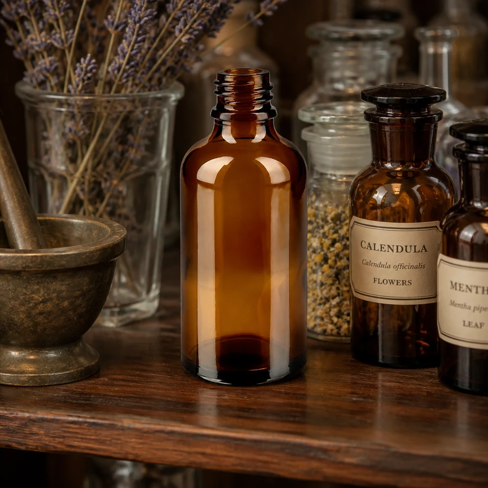 Flacon compte-gouttes pharmaceutique 50 ml DIN18 - verre brun Bouteille de pharmacie brune de 50 ml ApoGlas entre les pots de calendula et de lavande dans un atelier traditionnel de plantes médicinales