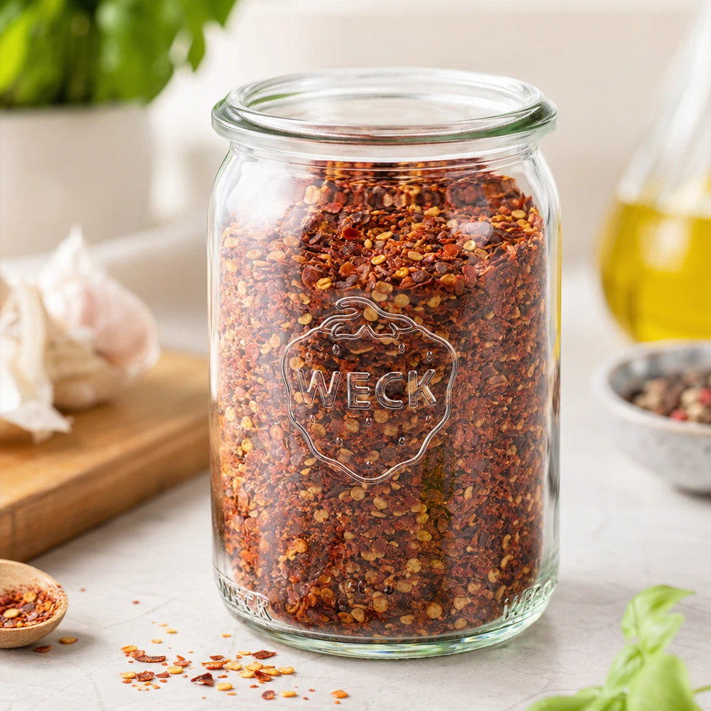 145ml bocal cylindrique WECK RR40 WECK RR40 Pot 145ml rempli de flocons d'épices au piment rouge sur un plan de travail de cuisine blanc avec de l'ail et de l'huile